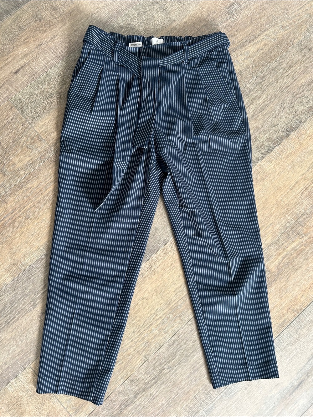 LOFT Navy Pinstripe Tapered Ankle Pants with Self Tie